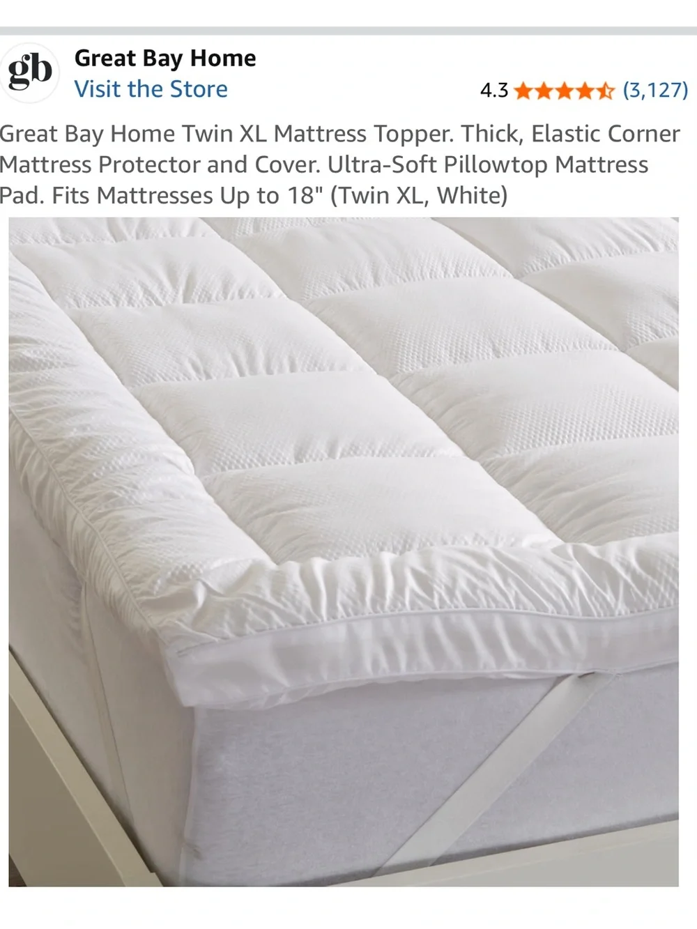 NWT Great Bay Home Twin XL Seersucker Mattress Topper White